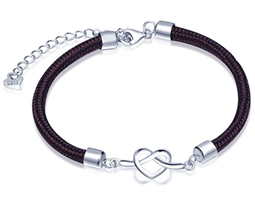 Infinito U - Pulsera de Plata 925 y de Algodón con Corazón Símbolo de Amor Longitud Ajustable Idea Regalo para Mujer Niña Color de Marrón