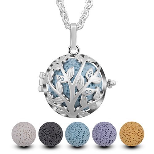 INFUSEU Aromaterapia Difusor de Aceite Esencial Mujeres Árbol de la Vida Collar, Árbol de la Vida con Circón Cúbico Dije Perfume Plateado Plata con 5 PC Lava Piedras y Cadena de 24"