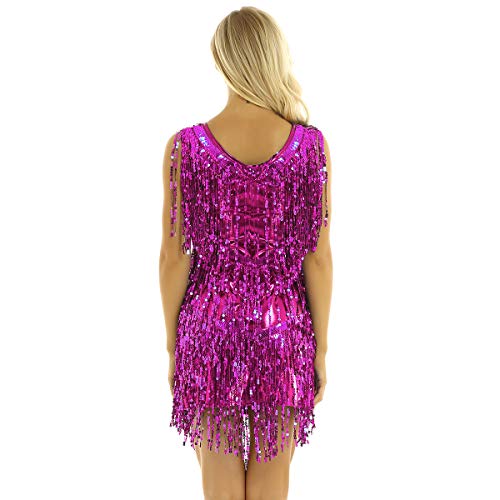 inhzoy Vestido de Baile Latino Lentejuelas para Mujer Vestido de Rumba Tango Salsa Samba Flecos Traje de Baile de Salón Disfraz de Fiesta Dancewear Rosa Oscuro Medium