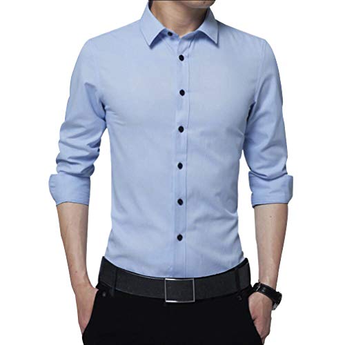 Irypulse Camisa de Hombres Corte Cuello Camisa de Planchado sin Arrugas Manga Larga clásico Slim Fit Seda de algodón Elástica Casual Formal Negocio para Hombre-Azul Claro