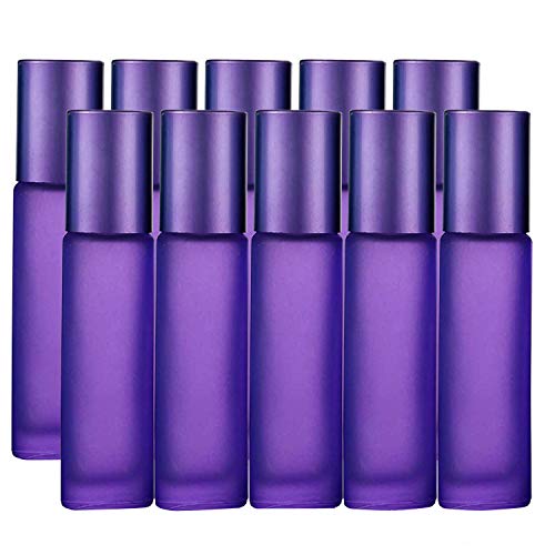 JamHooDirect - Botellas de 10 ml de aceites esenciales, vacías, recargables, de vidrio esmerilado colorido, con 1 abridor y 1 gotero, perfectas para aromaterapia, fragancia, perfume (color morado)