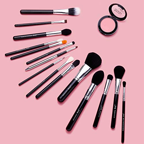 Jessup® - Juego de brochas de maquillaje, 15 piezas, brochas de maquillaje, maquillaje de base, base de polvo, sombra de ojos, delineador de ojos, brochas de labios (negro/plata) T092