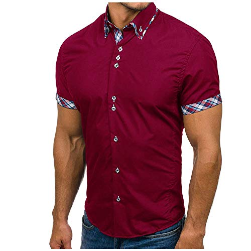 JINYAUN Slim Fit Camisa Masculina Moda Hombre Business Patchwork Botón Casual Plaid Manga Corta Top Blusa cómoda Vino Tinto 2XL