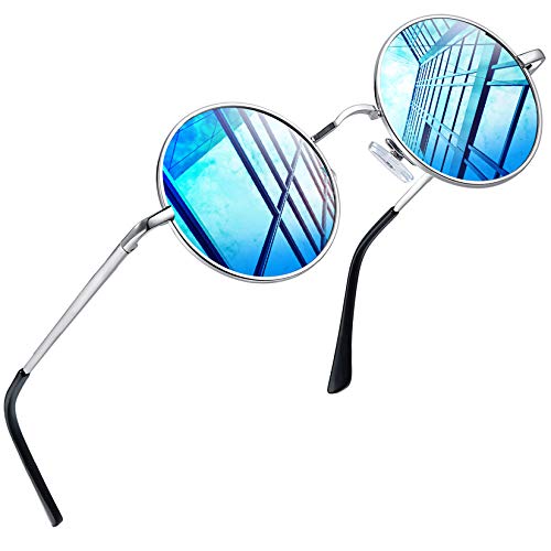 Joopin Redondas Gafas de sol Polarizadas Retro Vintage John Lennon Círculo Metálico Hippie Steampunk para Hombres y Mujeres UV400 (Azul glaciar)