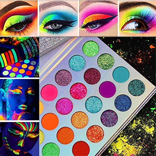 Kalolary Paleta de sombras de ojos Neon Luminous, paleta de maquillaje de sombras de ojos altamente pigmentadas de 24 colores, kit de maquillaje de brillo UV Blacklight mate y brillo