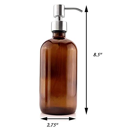 Katela Botellas de vidrio ámbar de 16 onzas con bombas de acero inoxidable, dispensador de jabón Boston para aromaterapia, aceites esenciales, productos de limpieza, perfumes (2 unidades)