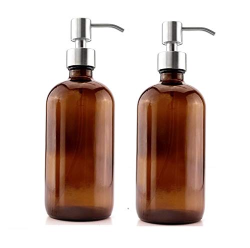 Katela Botellas de vidrio ámbar de 16 onzas con bombas de acero inoxidable, dispensador de jabón Boston para aromaterapia, aceites esenciales, productos de limpieza, perfumes (2 unidades)