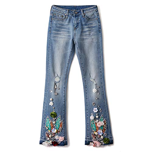 KBCJUA - Pantalones Vaqueros elásticos para Mujer, con Cuentas, diseño de Flores y Diamantes, Azul Celeste, 27