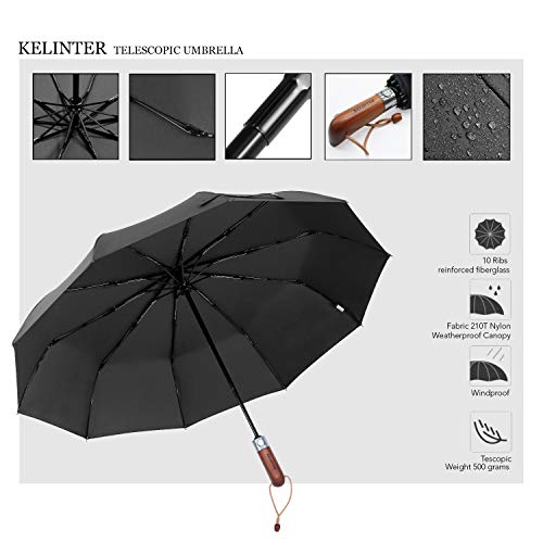 Kelinter Paraguas Plegable - Tela de Teflon Resistente, Impermeable y Protección del Sol - Botón Único - Resistencia Antiviento Fuerte, Mango de Madera Antideslizante - Clasico y Elegante (Negro)