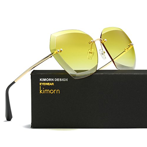 kimorn Gafas De Sol Para Mujer Sobredimensionado Sin Aros Lente De Corte De Diamante Clásico AE0534 (Oro&Amarillo, 65)