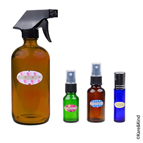 Kit de Botellas de Aceite Esencial Recargables - 16 Botellas/Tarros de aceite esencial de varios tamaños, 3 Atomizadores, 16 Tapas, 78 Etiquetas (4 tamaños), 2 Goteros + Embudo