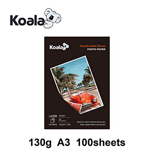 KOALA Papel Fotográfico Láser Brillante de Doble cara, A3, 130 g/m², 100 hojas, para impresoras LASER. Adecuado para imprimir Fotos, Portadas, Certificados, Folletos, Volantes, Tarjetas, Calendarios