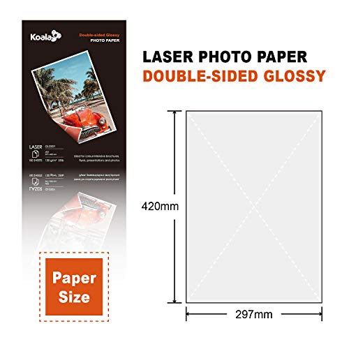 KOALA Papel Fotográfico Láser Brillante de Doble cara, A3, 130 g/m², 100 hojas, para impresoras LASER. Adecuado para imprimir Fotos, Portadas, Certificados, Folletos, Volantes, Tarjetas, Calendarios