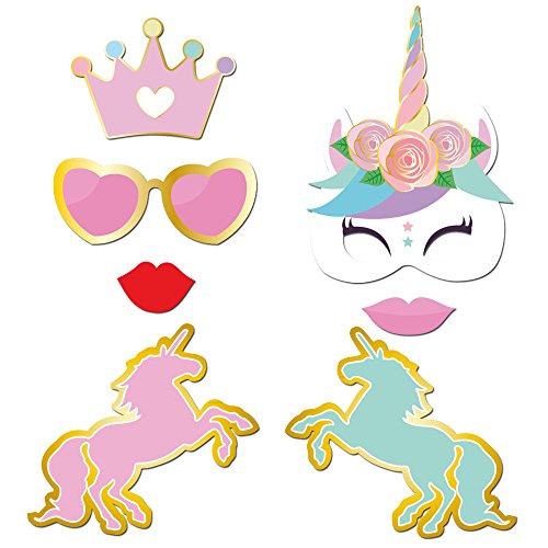 Konsait Unicornio DIY Photo Booth Props Cumpleaños Cabina de Fotos Accesorios Photocall máscaras Gafas en Palos para Niños niñas Regalo Unicornio Decoraciones de Fiesta de cumpleaños (35 pcs)