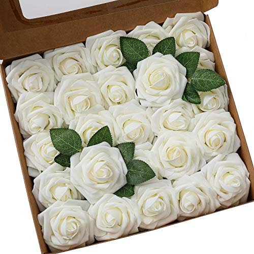 Ksnnrsng Flores Rosas Artificiales Espuma Rosa Falsa para Manualidades, Ramos de Novia, centros de Mesa, Despedidas de Soltera y Decoración del Hogar (25 Piezas, Marfil)