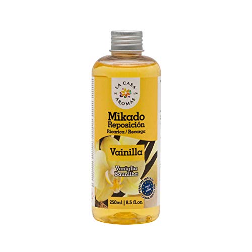 La Casa de los Aromas, Set de 6 x 250ml Ambientadores Mikado Vainilla para Reposición con Varillas, Difusor Líquido de Aroma Vainilla, Perfume Duradero para el Hogar, Baño, Casa