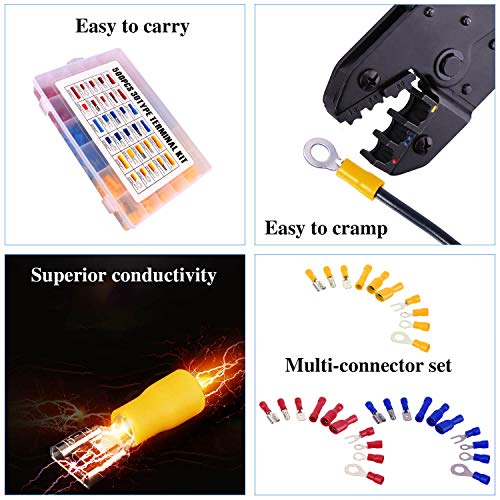 La Herramienta de Engarce de Trinquete con Orejetas de Cable de 500 Piezas, Conectores Eléctricos Aislados Incluyen Horquilla de Pala Tipo Bala y Empalme a Tope