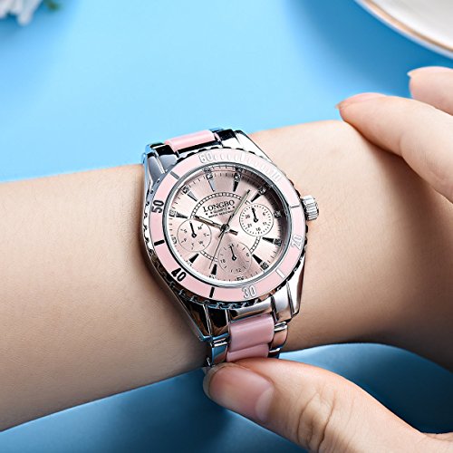 la Nueva Manera Tres DILAS Reloj de señora de cerámica con una Elegante de Metal de Color Rosa Ver Reloj de Cuarzo Luminosa