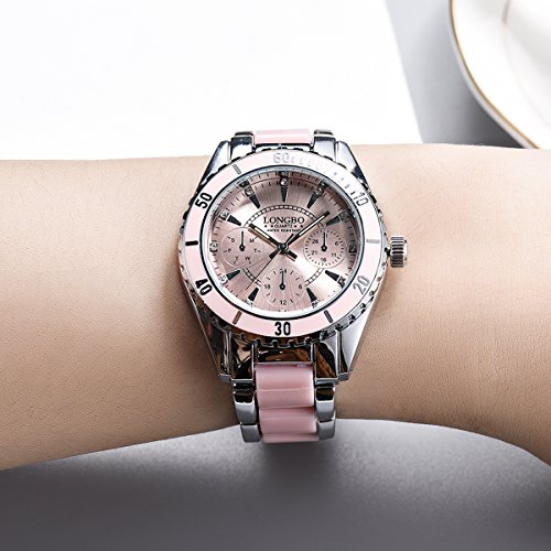 la Nueva Manera Tres DILAS Reloj de señora de cerámica con una Elegante de Metal de Color Rosa Ver Reloj de Cuarzo Luminosa