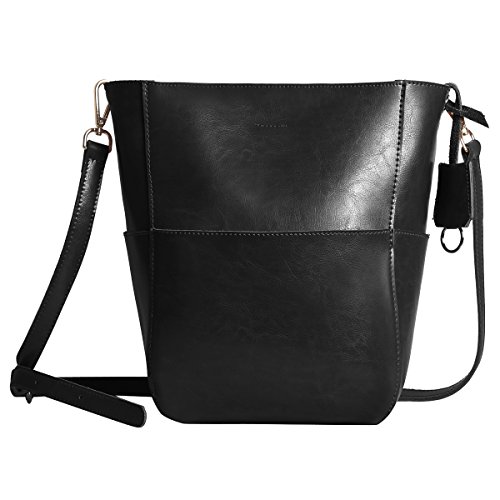 Leathario Bolso a Hombro de Piel para Mujeres Bolsa Tote Bandolera de Cubo Piel Negro