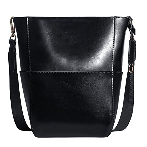 Leathario Bolso a Hombro de Piel para Mujeres Bolsa Tote Bandolera de Cubo Piel Negro