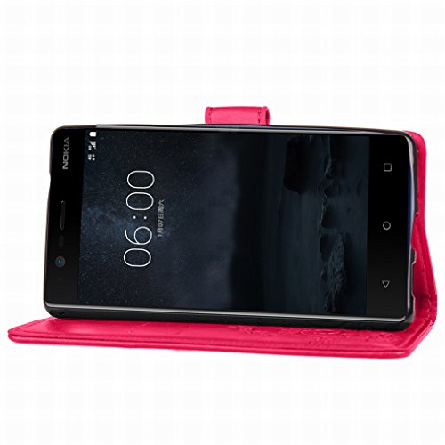 LEMORRY Funda para Nokia 3 Carcasa Tapa Bolsa Piel Cuero Flip Cover Billetera con Clips de Dinero Slim Protector Magnética Cierre TPU Silicona Estuches, Trébol de la Suerte Rosa