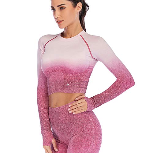 Leoyee Seamless Gradient Gym Medias Camisa Deportiva Yoga Top para Mujeres Running Camiseta de Entrenamiento Top de Manga Larga (Bianco/Rosa Viola, Small)