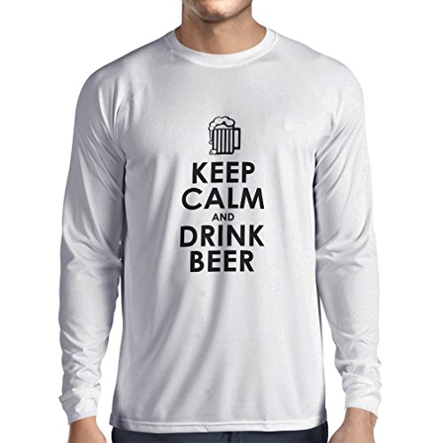 lepni.me Camiseta de Manga Larga para Hombre Mantenga la Calma y Beba Cerveza Citas de Alcohol Regalos Divertidos (XS Blanco Negro)