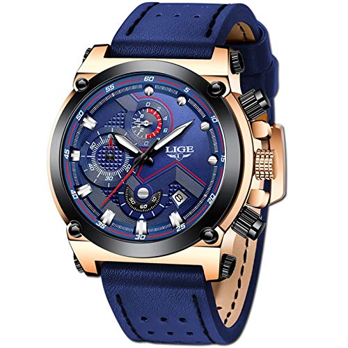 LIGE Hombre Relojes Moda Impermeable Relojes Clásico Negocios Analogicos Cuarzo Relojes con Ocio Azul Correa de Cuero Relojes