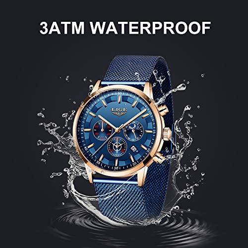 LIGE Relojes Hombre Moda Impermeable Acero Inoxidable Analógico Cuarzo Relojes Negocio Azul Fecha Automática Relojes