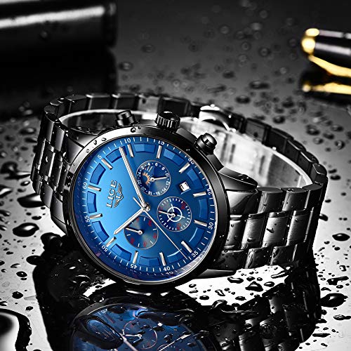 LIGE Relojes para Hombre Impermeable Deportivos Cuarzo Reloj Cronógrafo Acero Inoxidable Negro Reloj de para Hombres