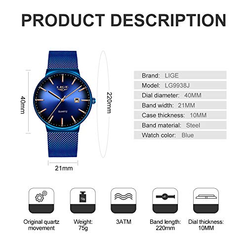 LIGE Relojes para Hombre Reloj de Cuarzo analógico Ultra Delgado y de Moda Simple Gents Negro Reloj de Pulsera Impermeable de Acero Inoxidable Reloj Dorado Minimalista Fecha