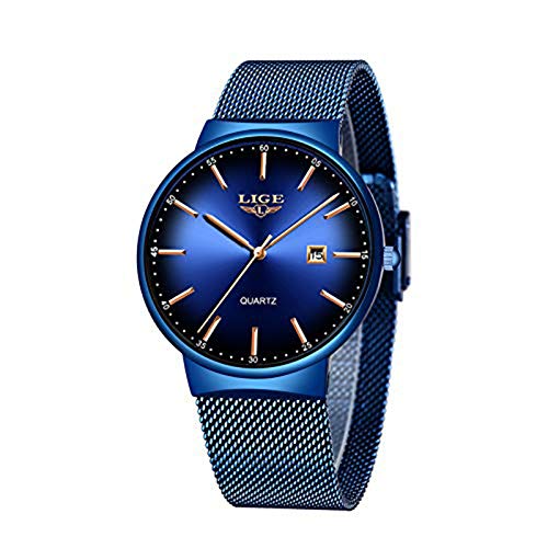 LIGE Relojes para Hombre Reloj de Cuarzo analógico Ultra Delgado y de Moda Simple Gents Negro Reloj de Pulsera Impermeable de Acero Inoxidable Reloj Dorado Minimalista Fecha