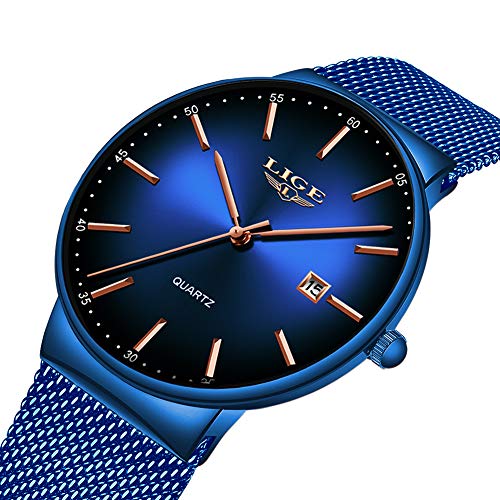 LIGE Relojes para Hombre Reloj de Cuarzo analógico Ultra Delgado y de Moda Simple Gents Negro Reloj de Pulsera Impermeable de Acero Inoxidable Reloj Dorado Minimalista Fecha