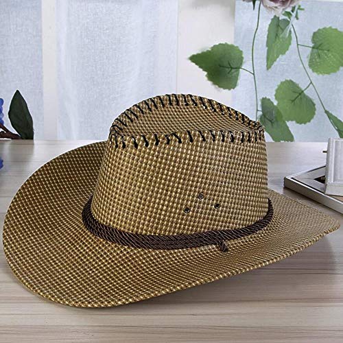 liqun Summer Fashion Men Straw Western Cowboy Hat Rope Wide Curling Brim Cap Chin Elastic Strap Beach Sun Hats,Wyh-4877-1