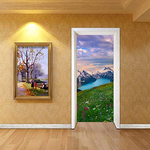 LLWYH Door Sticker Nieve Montaña Prado Ámbar Paisaje PVC Wall Decal Art Home Decoración 77cm x 200cm