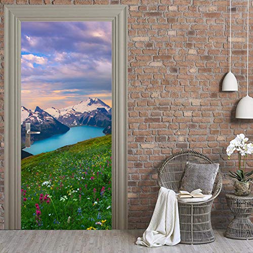 LLWYH Puerta Mural Nieve Montaña Prado Ámbar Paisaje PVC Papel Pintado Arte Decoración del Hogar 77 X 200cm