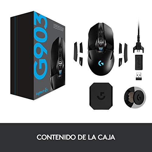 Logitech G903 Lightspeed Ratón Gaming Inalámbrico, Captor Hero 16,000 dpi, RGB, Ultraligero, Botones Programables, Batería de 140h Memoría Integrada, Ambidiestro, Compatible con PC/Mac, Negro