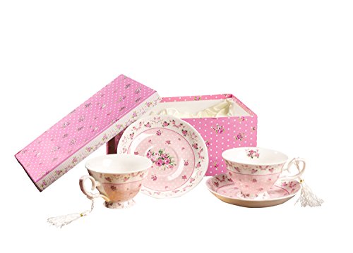 London Boutique Juego de 2 Tazas de té y platillos, diseño Vintage de Flores y Rosas y Lavanda, en Caja de Regalo (Rosa Rosa y 2 Piezas).