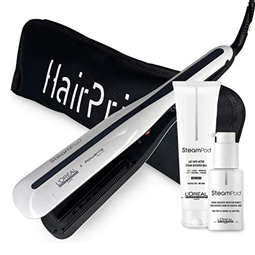 L'Oréal Professionnel Steampod 3.0 - Plancha alisadora + leche para cabello fino 150 ml + sérum 50 ml + estuche de almacenamiento plano negro Hairprice