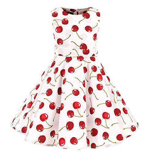 LSHEL Vestido de Noche con Estampado Vintage para niñas de los años 50 Estilo Vestido Rockabilly Vestido Plisado Retro, Blanco con Cereza, 5-6 años de Edad