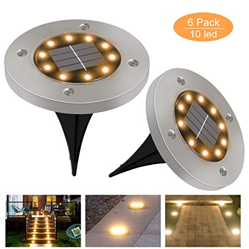 Luces Solares Exterior GolWof 6 Pack 10 LEDs Luces Solar de Tierra IP65 Impermeable Acero Inoxidable Luce de Tierra Lamparas Solares Jardin para Jardín Césped Patio Escalera Pasarela - Blanco Cálido