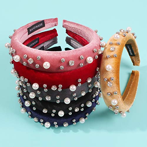 Lurrose diadema acolchada perlas rhinestone espesar diadema felpa diadema ancha y dura accesorios para el cabello vintage para mujer (rosa)