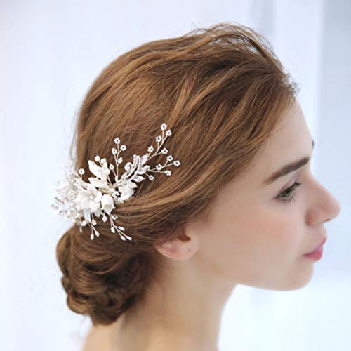 Lurrose Granos de cristal Peine del pelo Flor de cerámica blanca Joyería nupcial del pelo Peine del lado Broche cabello Accesorios boda Gorros para mujeres niñas