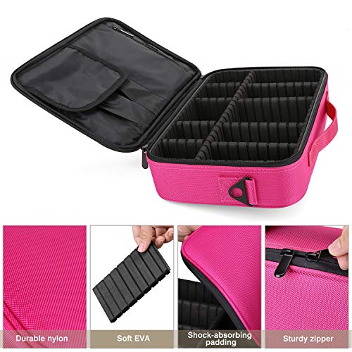 Luxspire Makeup Cosmetic Storage Bag, Portable Waterproof Double Layer Make up Case Cosmetic Pouch Travel Storage Box Toiletry Organizer Tool with Shoulder Straps - Magenta