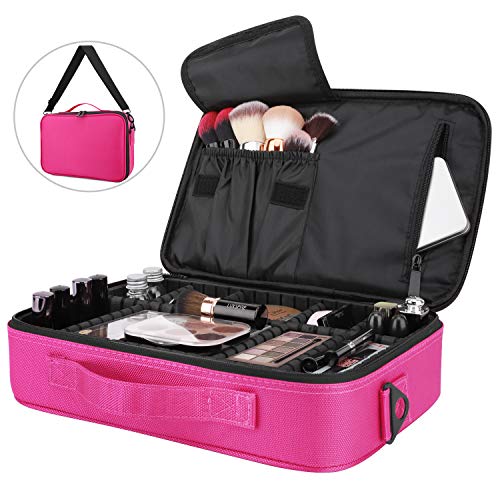 Luxspire Makeup Cosmetic Storage Bag, Portable Waterproof Double Layer Make up Case Cosmetic Pouch Travel Storage Box Toiletry Organizer Tool with Shoulder Straps - Magenta