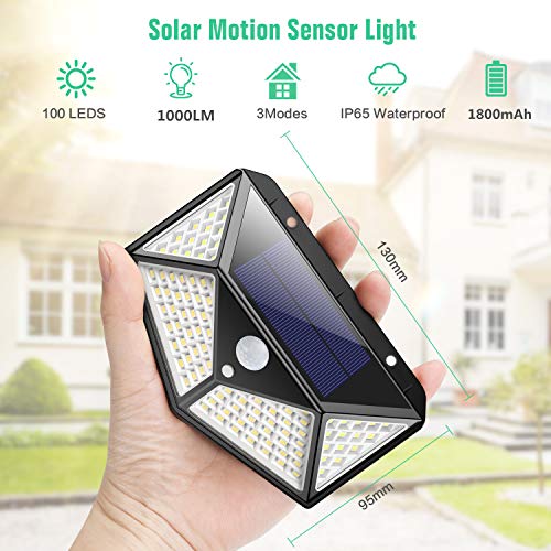 Luz Solar Exterior 100 LED, [2200mAh Ahorro de Energía Super] iPosible 270 °Iluminación de Cuatro Lados Foco Solar con Sensor de Movimiento Impermeable Lámpara Solar 3 Modos para Jardín 4-Paquete