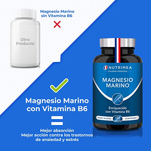 Magnesio y Vitamina B6 Cansancio Fatiga Alivio de Calambres Magnesio Marino Potente Suplemento Articulaciones Cartílagos Huesos Piel Energia Deportistas Dosis 300mg Fabricado Francia Tratamiento 4 Meses