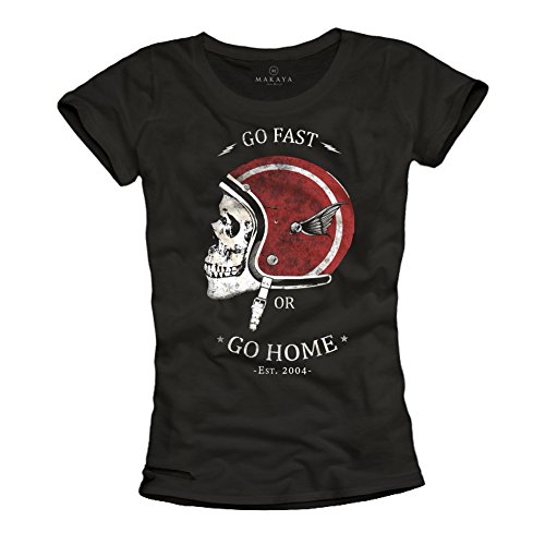 MAKAYA GO Fast OR GO Home - Camisetas de Mujer Casco Moto con Calavera - Negras L