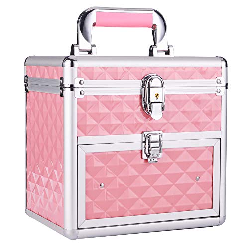 Maletín Maquillaje Profesional Estuche de Maquillaje Estuche Joyero Cosmético Caja de Bellaza con Espejo Cajón y Cerradura para 24 Botellas de Emalte y Uñas, 25x17.5x23.5CM, Rosa